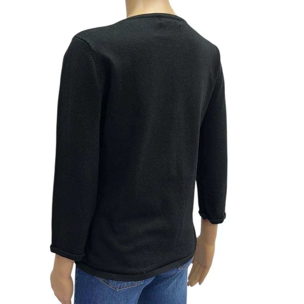 Notations Black White Embroidered V Neck 3 Quarter Sleeve Knit Top Womens Medium - Image 6