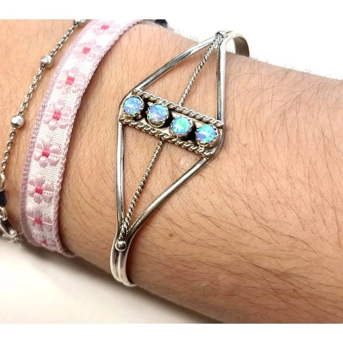 Navajo Handmade Blue Lab Opal Sterling Silver Cuff Bracelet - Image 5