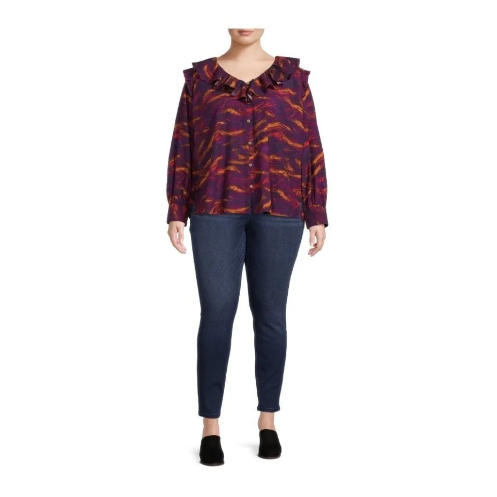 Terra &‎ Sky Long Sleeve Bold Purple Print Ruffle Top Blouse Womens 2X NWT - Image 2