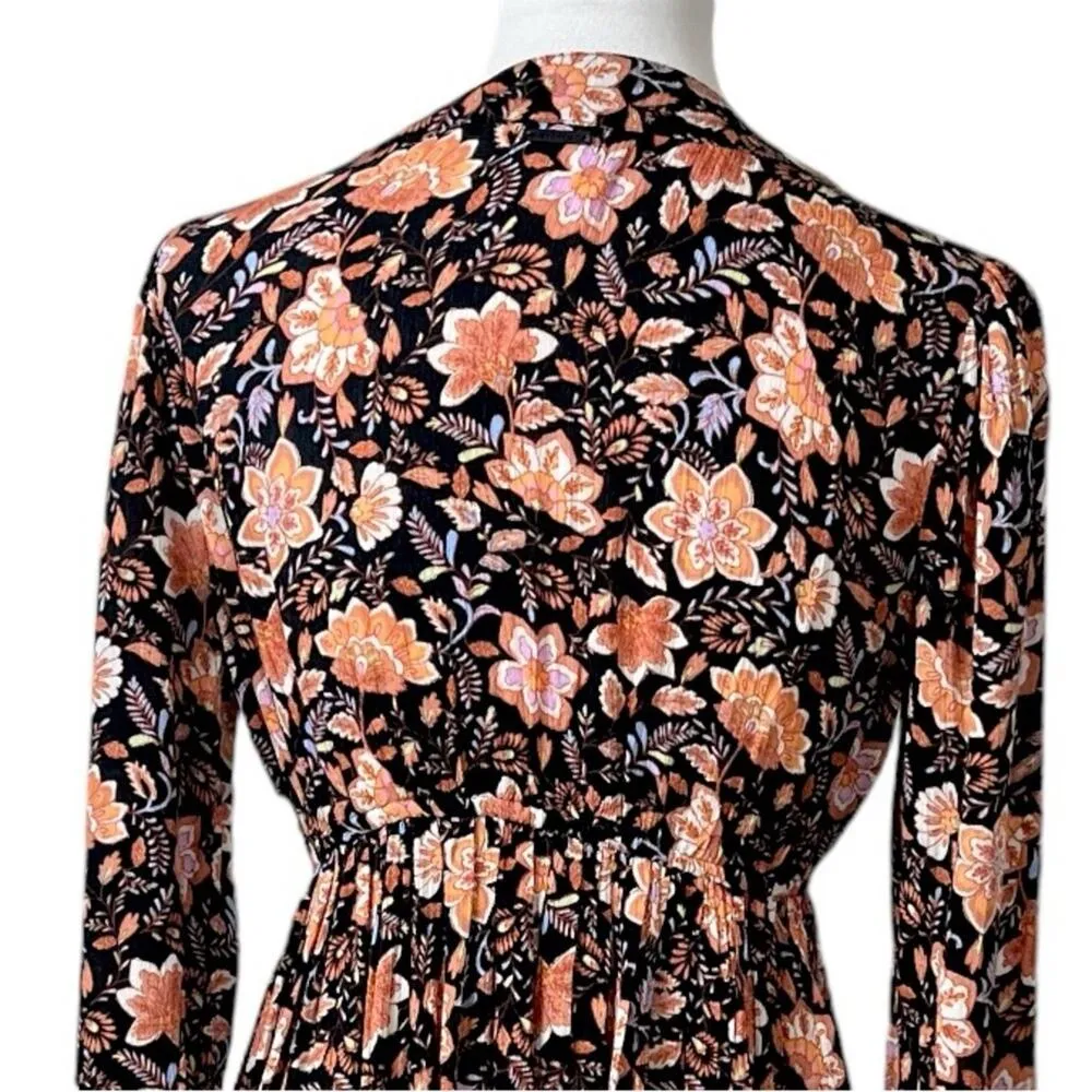 Billabong New Blouson Dress Deep V-neck Long Sleeve Black Floral Women’s Size M - Image 9