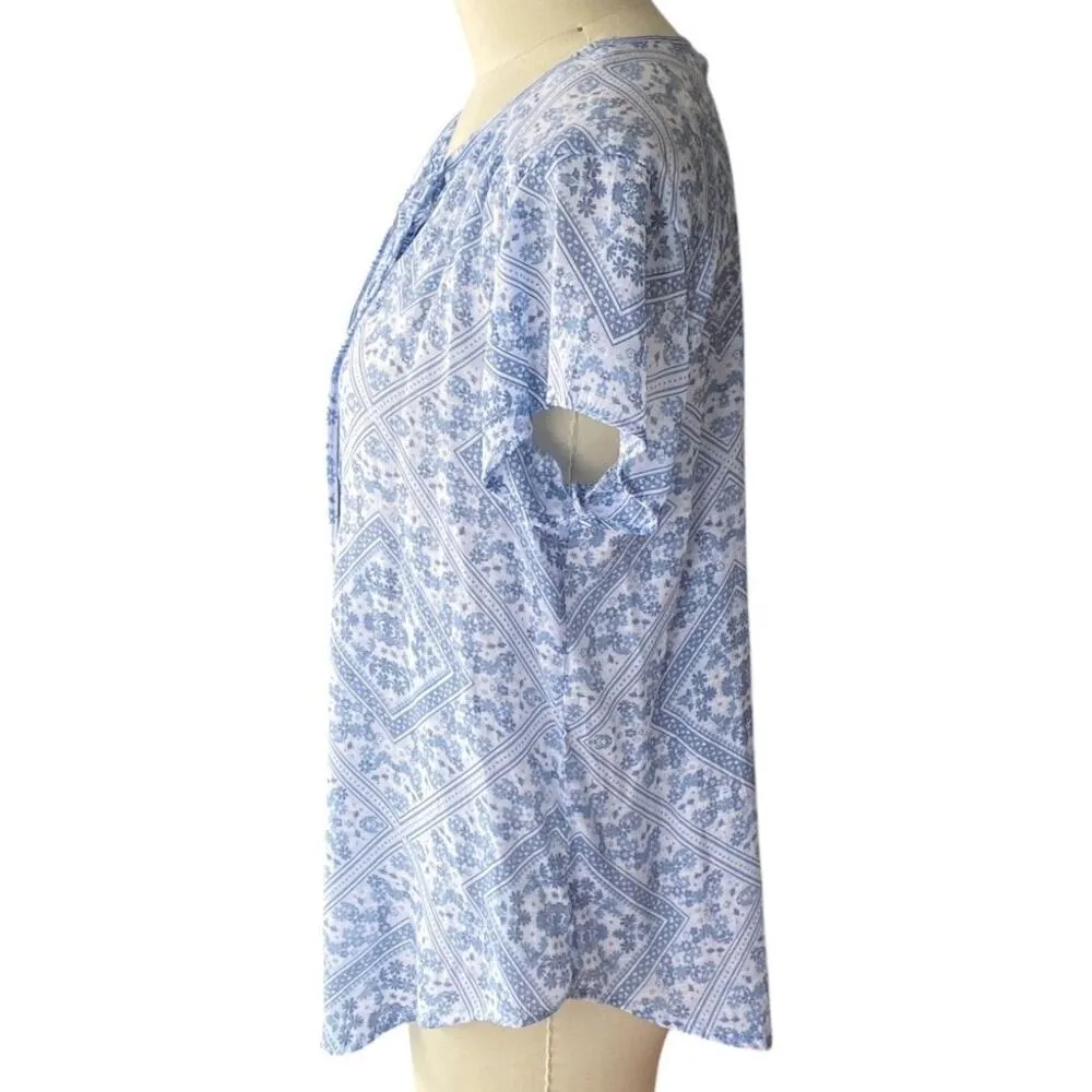NWT ~ COMO VINTAGE Blue Floral Boho Peasant Pullover S/S Bohemian Blouse ~ XL - Image 3