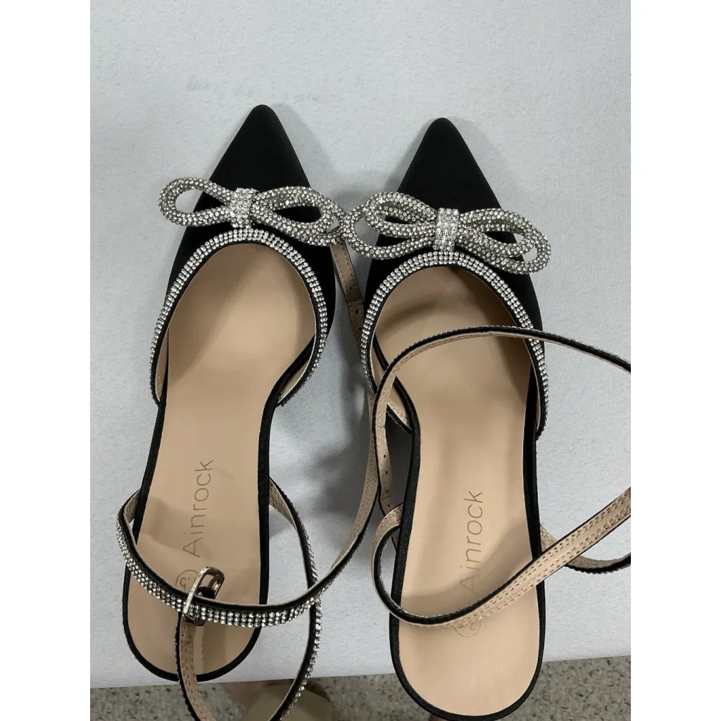 Woman’s NWOT Ainrock Formal Slip on Stiletto Pumps 7.5 Black Rhinestone Bow - Image 6