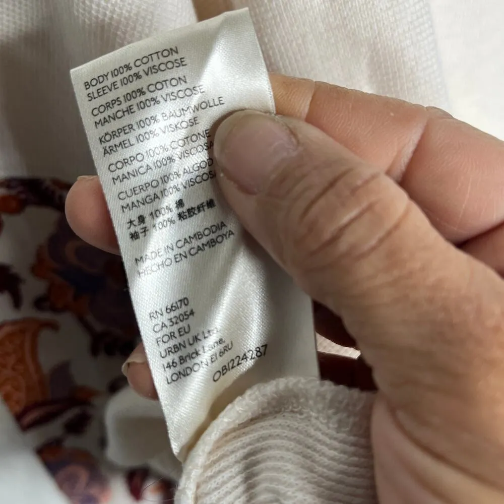 Anthropologie Women's V-Neck Waffle Knit Annette Top White Boho Paisley Small - Image 7