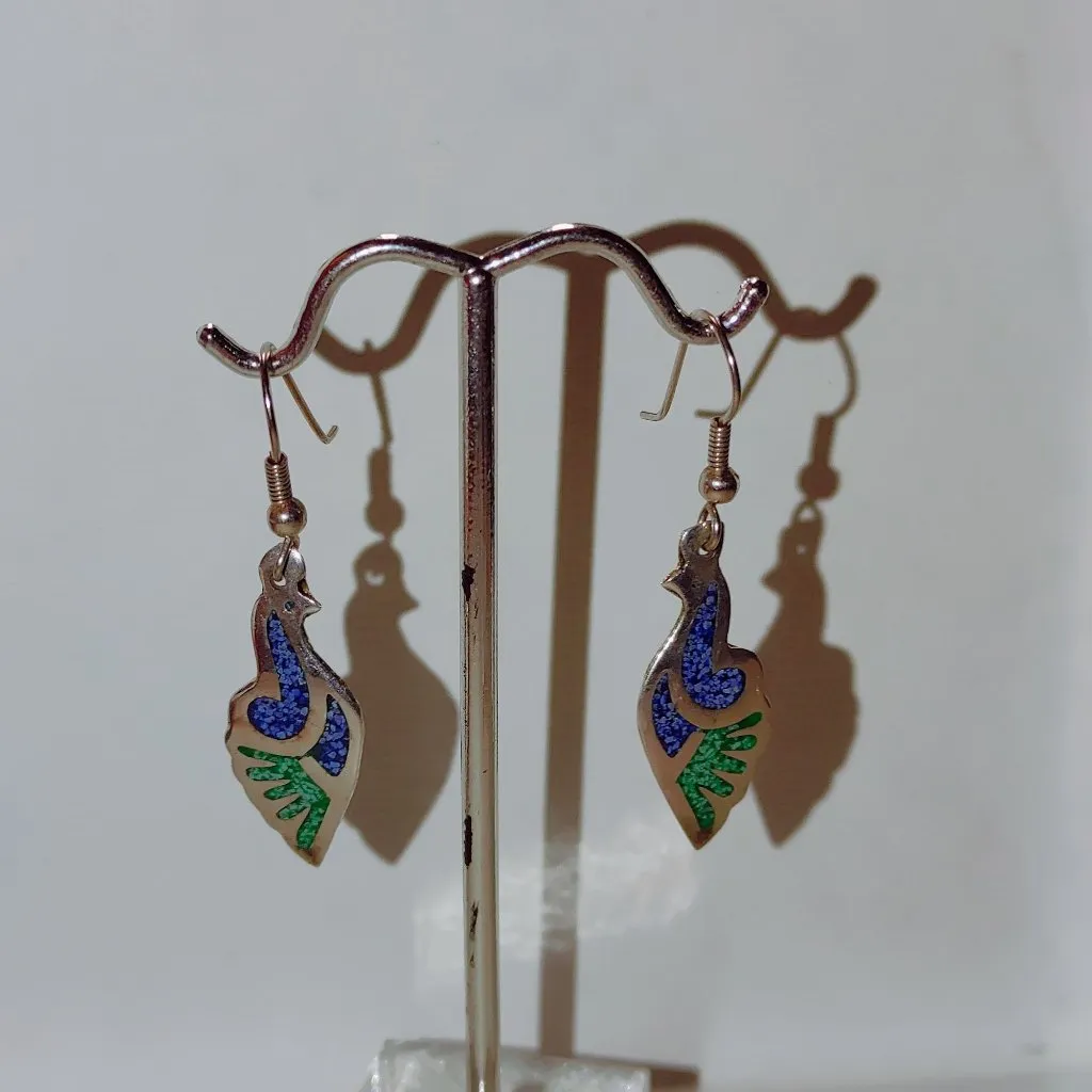 Vintage Alpaca Silver Earrings Colorful Blue Green Enamel Dangle Hook Unique - Image 3