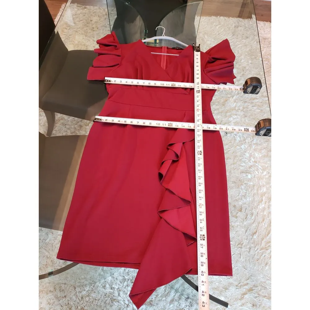 Knitee Wrap Dress Womens 2XL Maroon Lined Stretch Ruffle Trim Back Zip V Neck Red Size XXL - Image 8