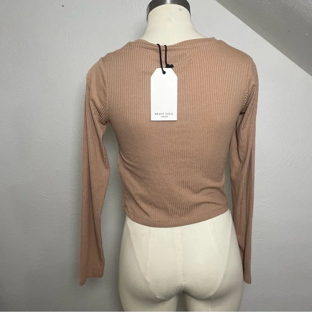 Brave Soul Taupe Ribbed Cut-Out Long Sleeve Top | Size S NWT‎ - Image 5