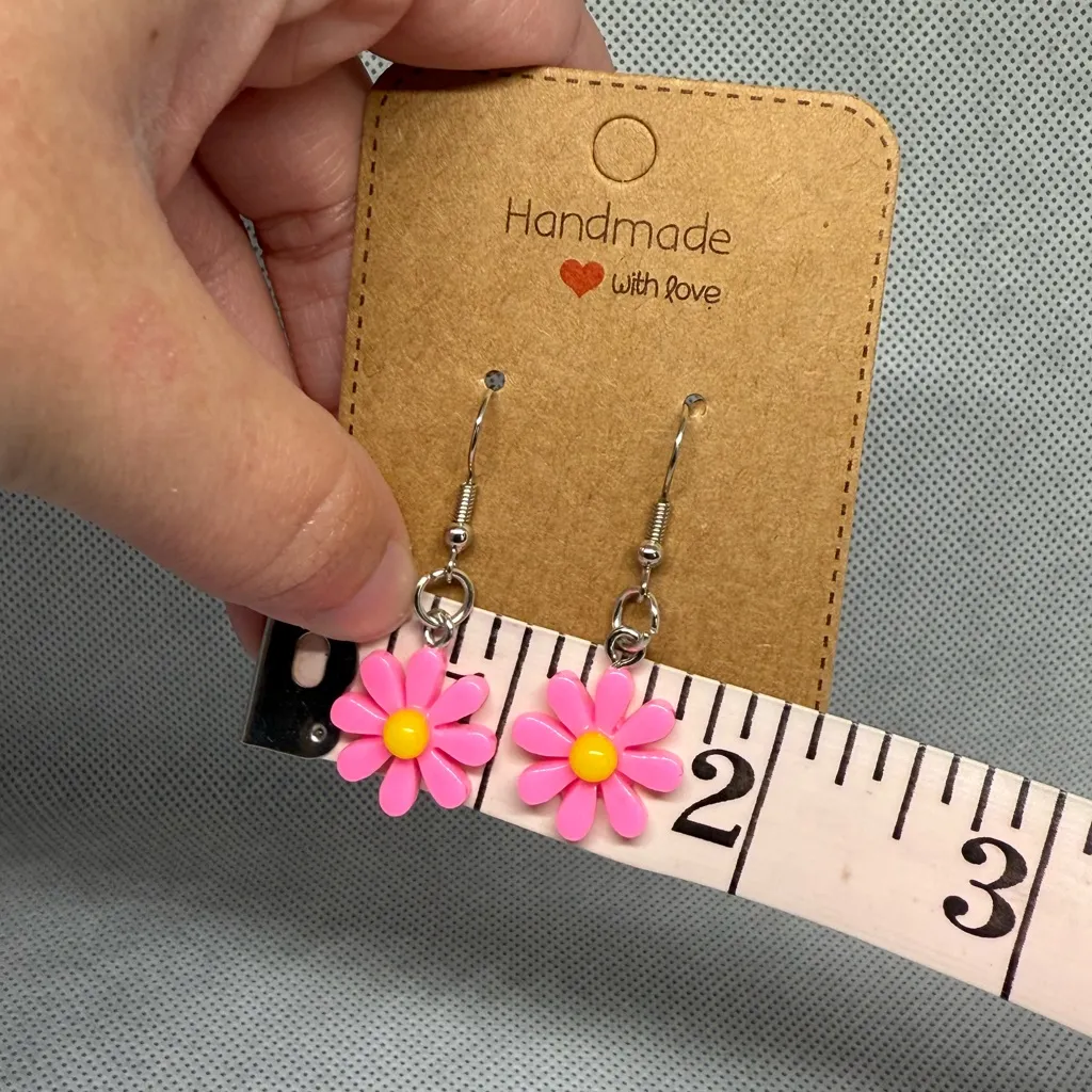 Handmade Pink and Yellow Flower Earrings - Image 3