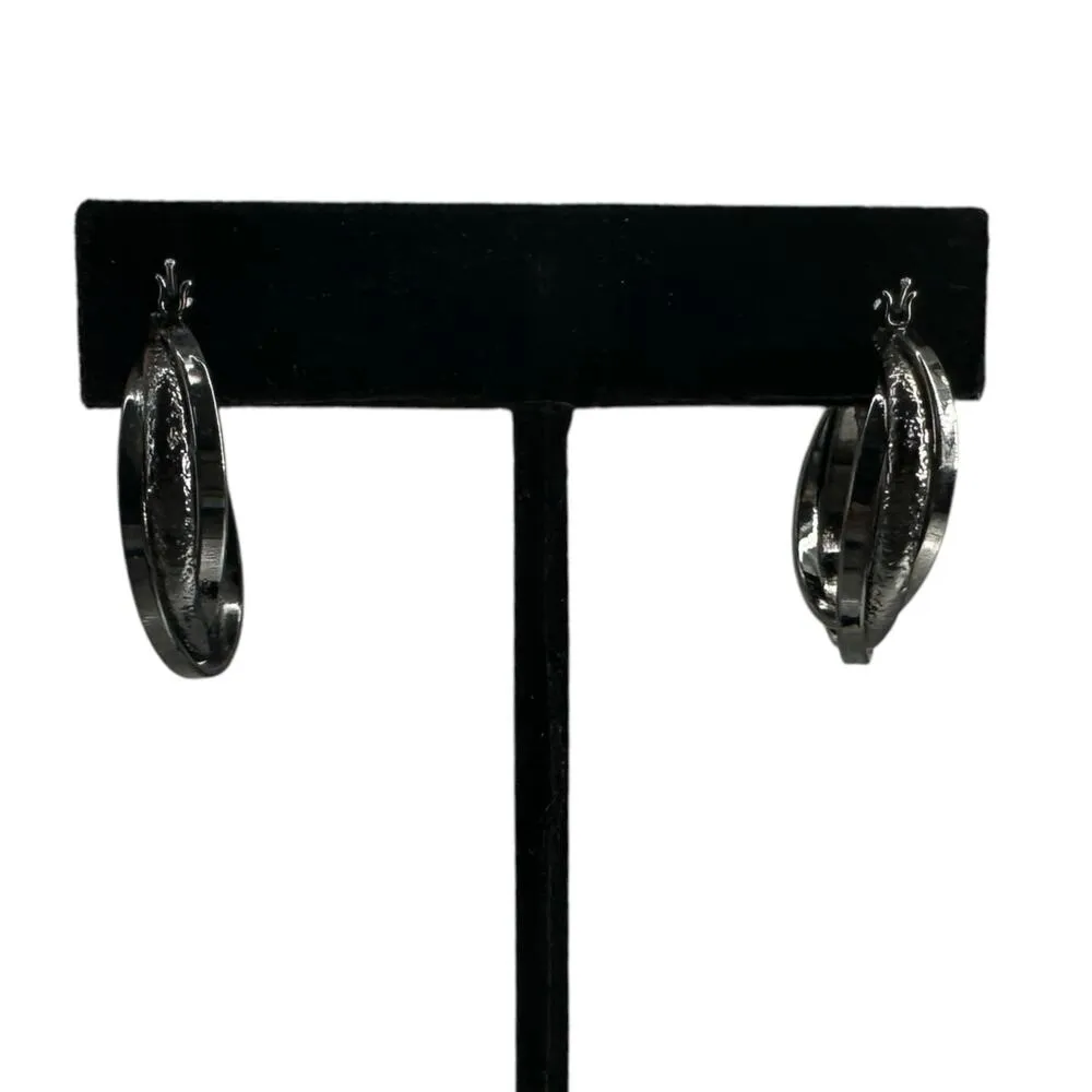 Vintage Costume Jewelry Round Twisted Earrings Gunmetal Dark Silver - Image 4