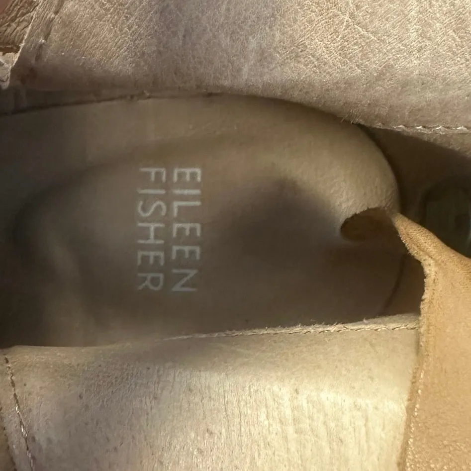 Eileen Fisher Derby Ankle Boots Tan Nubuck Leather Stacked Heel Preppy Career 6 - Image 9