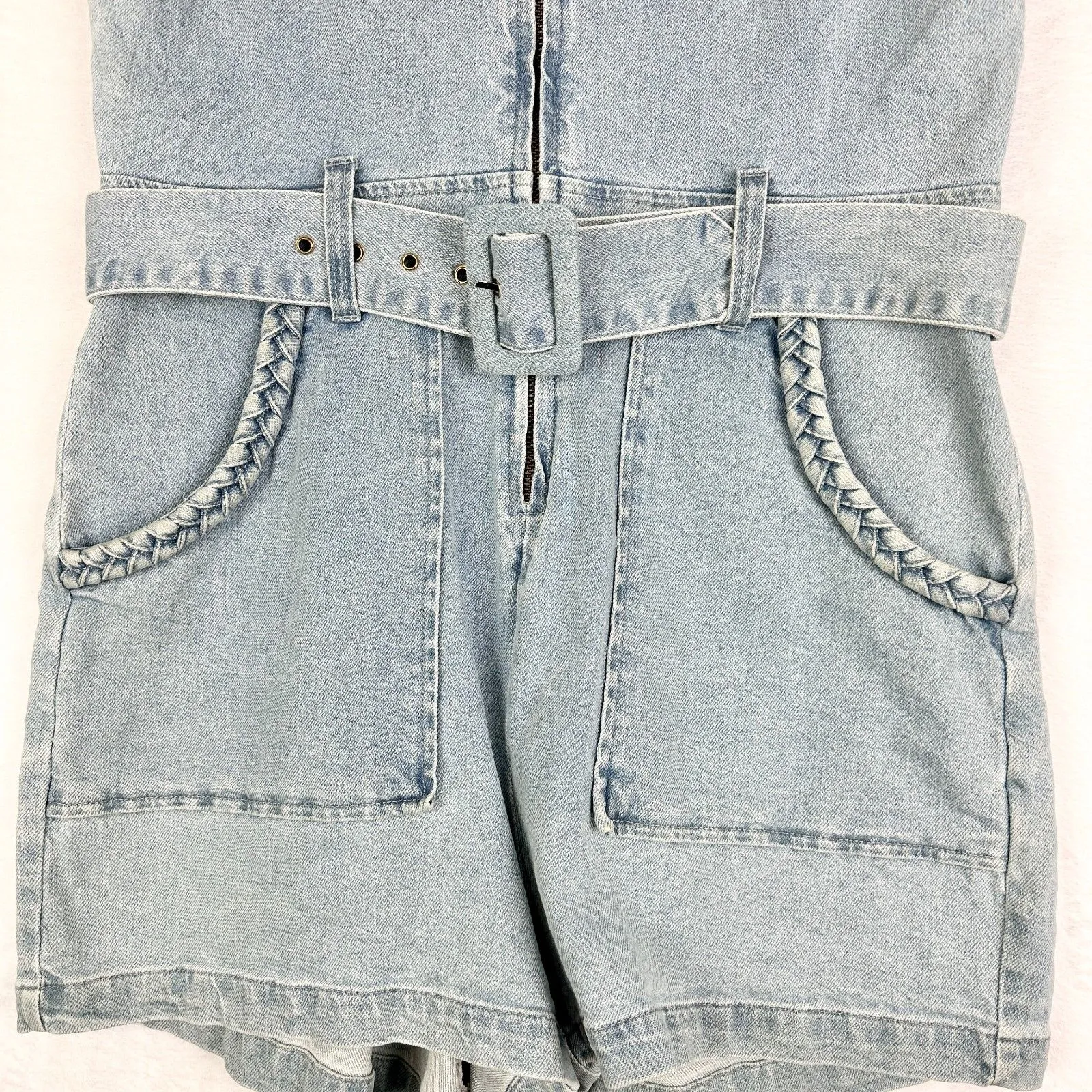 Show Me Your Mumu Outlaw Romper Size Large Light Tide Denim Western Boho Belted - Image 9