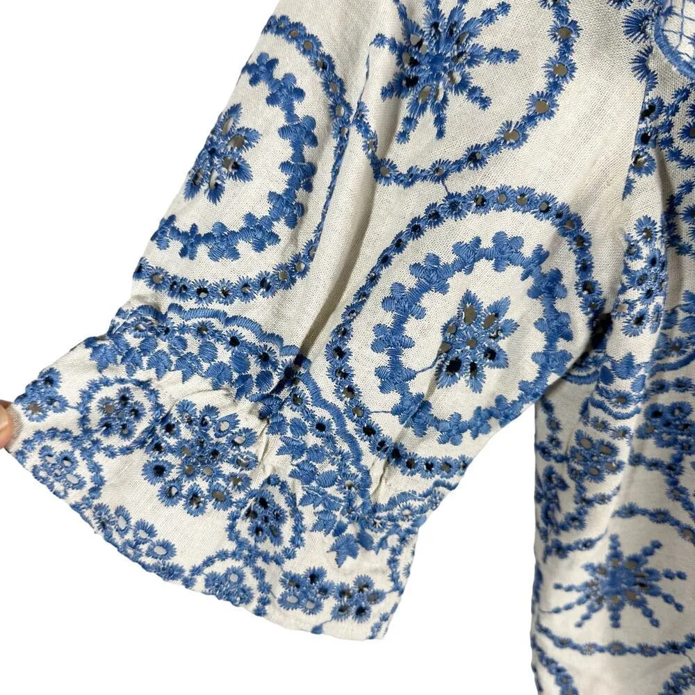 Sezane South Blouse Embroidered Floral Eyelet Blouse Summer French Blouse US 6 - Image 3