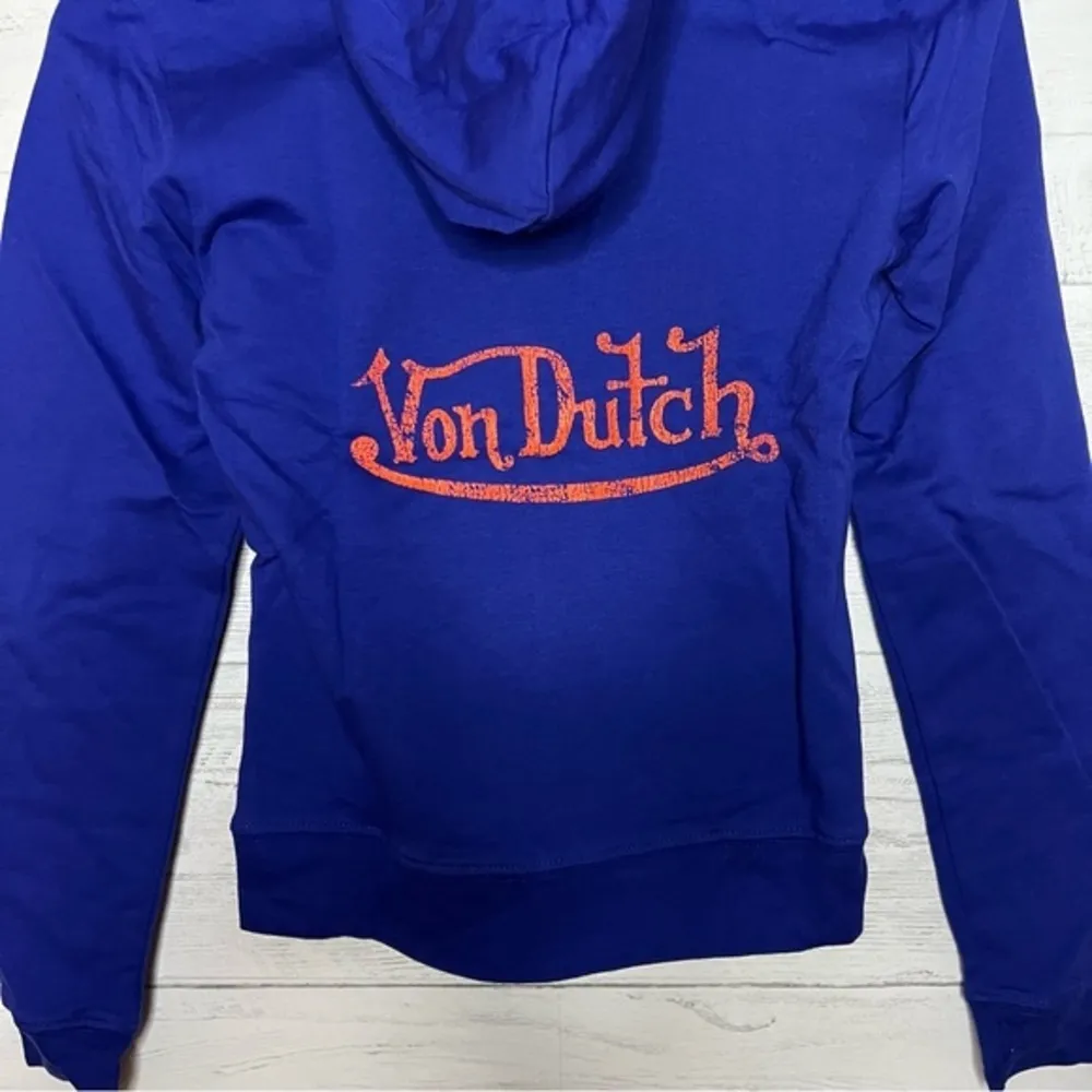 Von Dutch Zip Up Blue Hoodie with Orange Logo Signature Size Small - Image 7