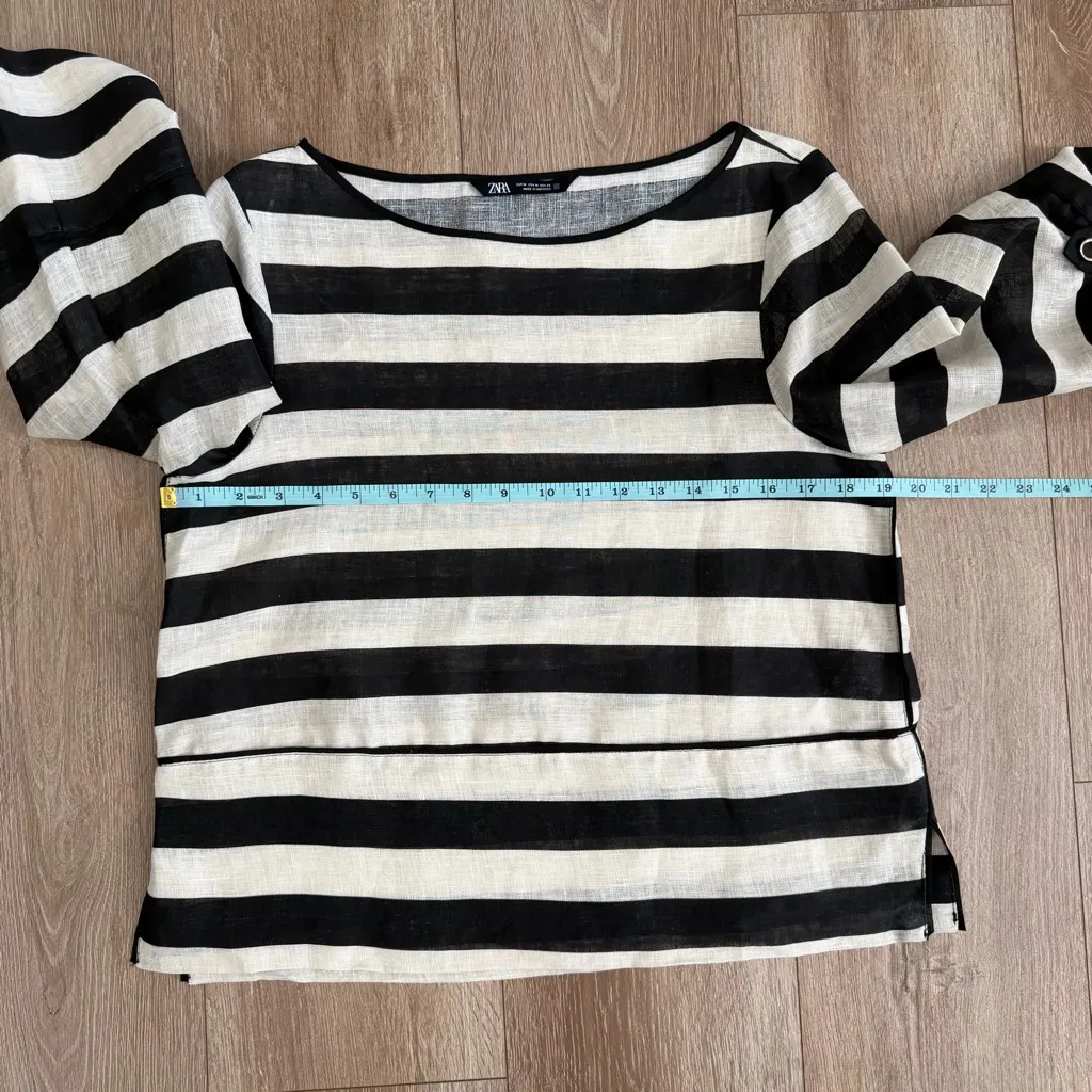 Zara 100% Linen Crispy Striped Top Blouse Women M Roll Tab Kimono Sleeves NWOT - Image 13