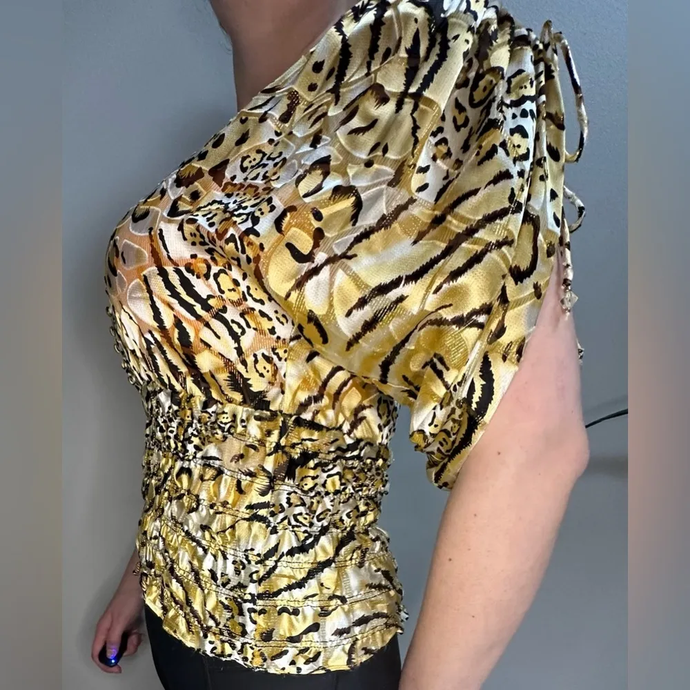 Vintage 1980s Cachè Gold Cheetah Print Silk Dolman Blouse Cinched Waist Women S - Image 7