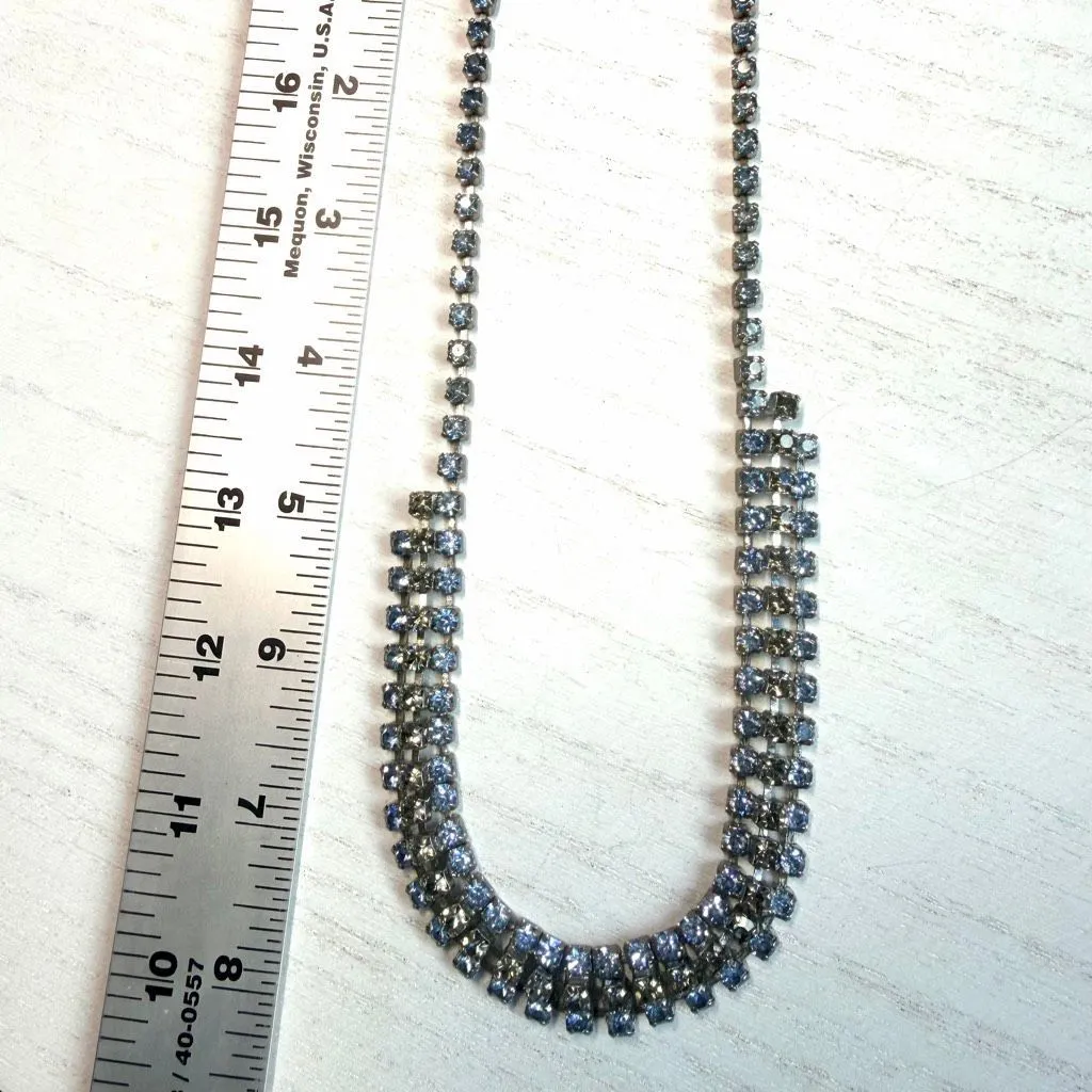 Vintage Silver Tone Blue & Smoke Rhinestone Triple Row Necklace - Image 6