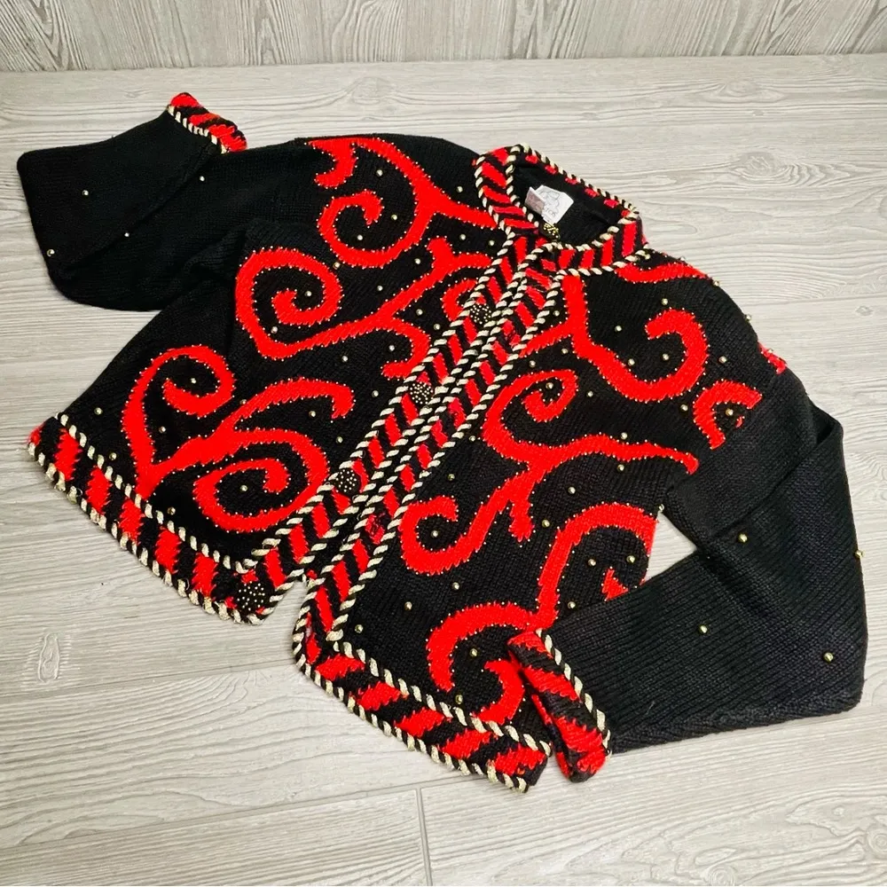 Gantos Vintage Embroidered Black Floral long sleeve Sweater Cardigan 2 red swirl - Image 4