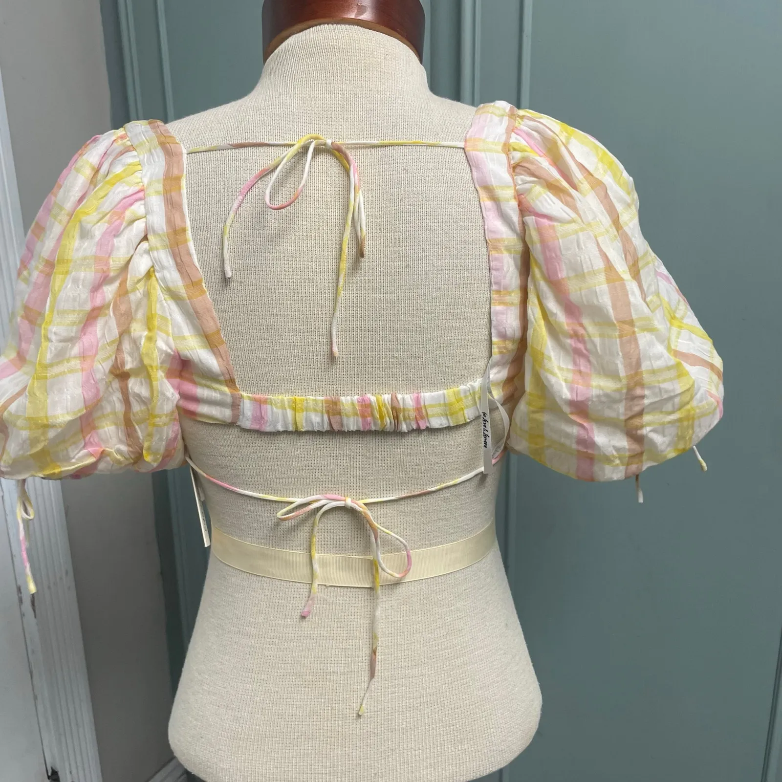 For Love & Lemons XS Puff Sleeve Pink Yellow Plaid Crop Top Festival Concert - Image 2