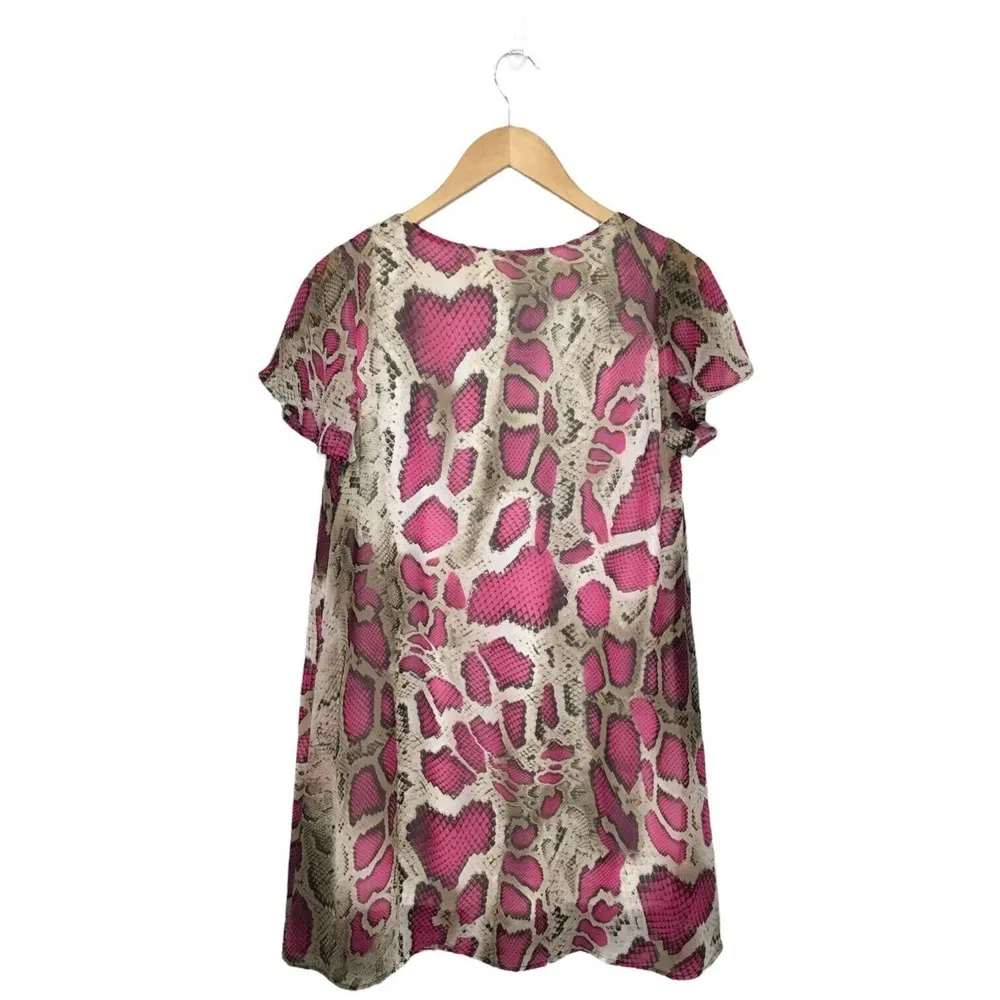 Peach Love Snake Reptile Print Flutter Sleeve V Neck Lined Shift Dress Pink S - Image 5