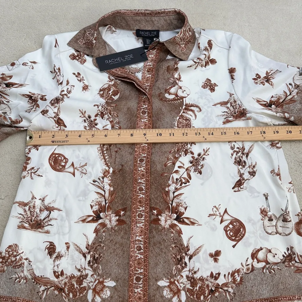 Rachel Zoe Satin Short Sleeve Button Down Collared Blouse Shirt Boho Brown Small - Image 8