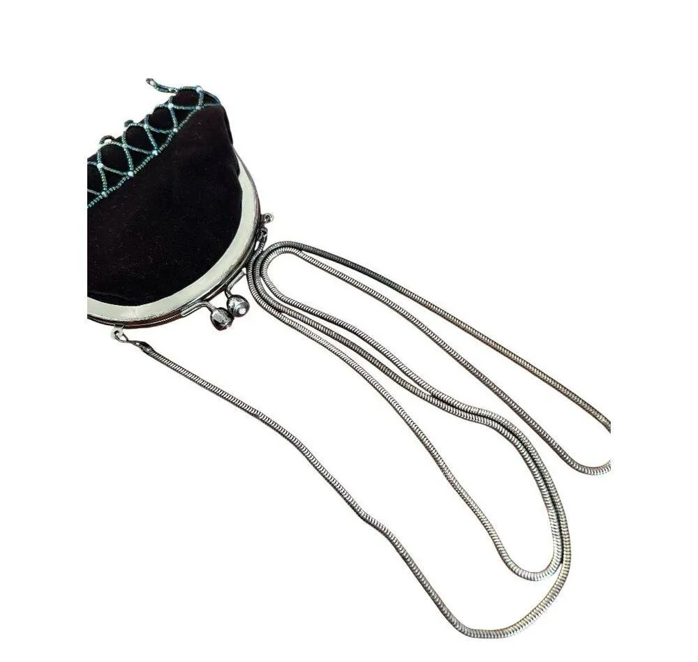 Classiques Entier Black Velvet Beaded Evening Purse Silver Chain Strap Gunmetal - Image 5