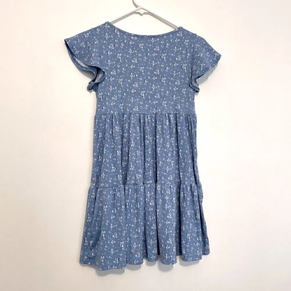 JESSICA SIMPSON Blue White Ditsy Floral Bow Flutter Sleeve Mini Babydoll Dress S - Image 10