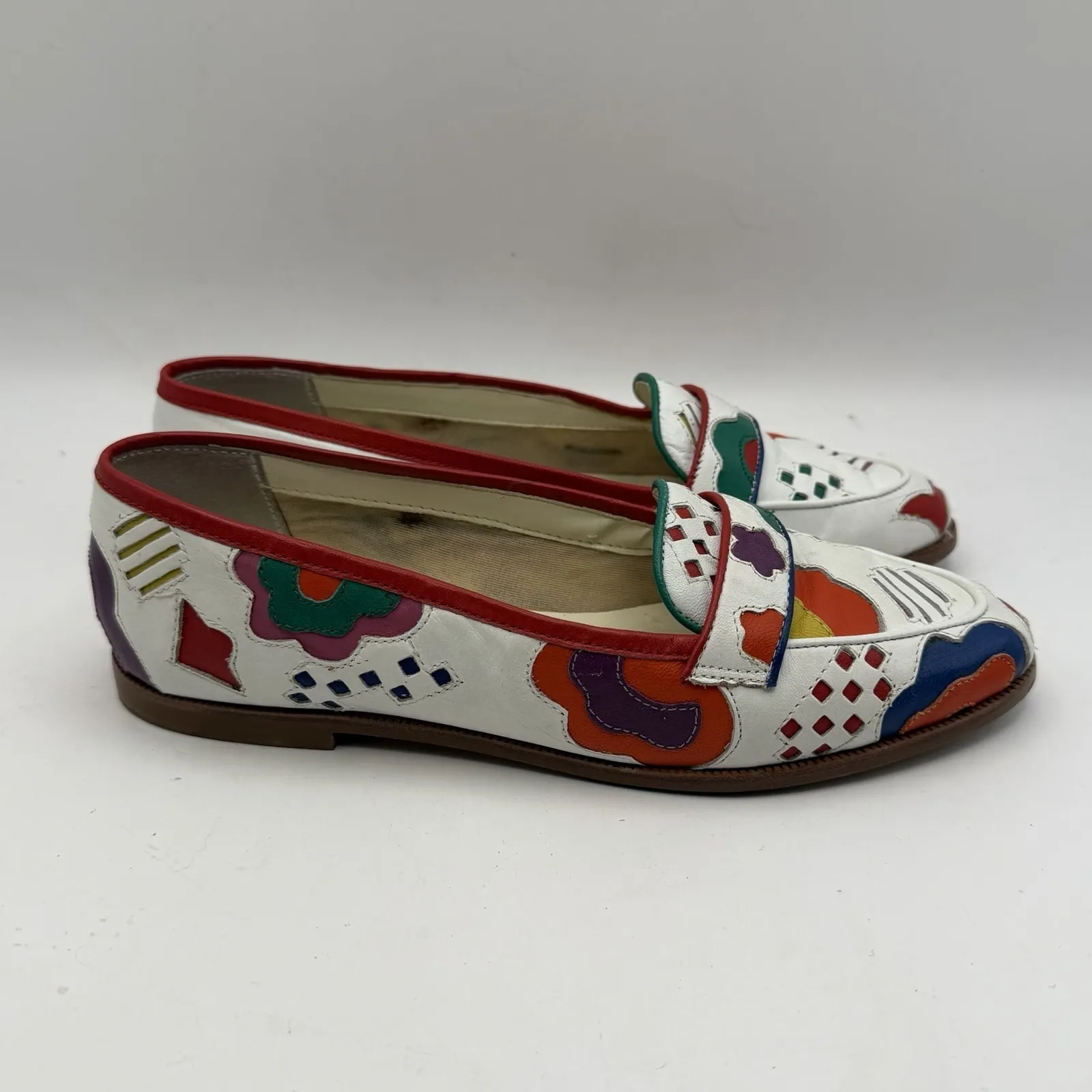 Vintage Abstrax Women's Sz 5 White Leather Flats New Wave Colorful Vintage Shoes - Image 3