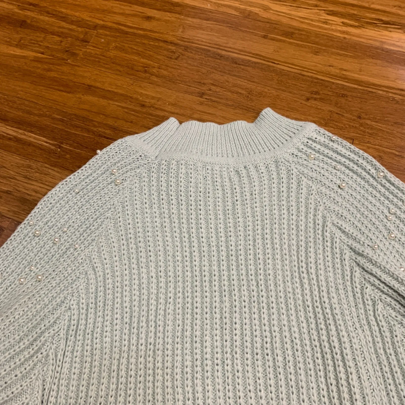 Originality Pearl Embellished Mock Neck Sweater Light Blue Size Large Oversize - Image 5