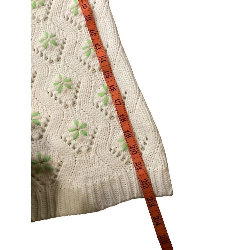 Open Knit High Collar Floral Granny Sweater Casual Everyday Grandma Green Size M - Image 9