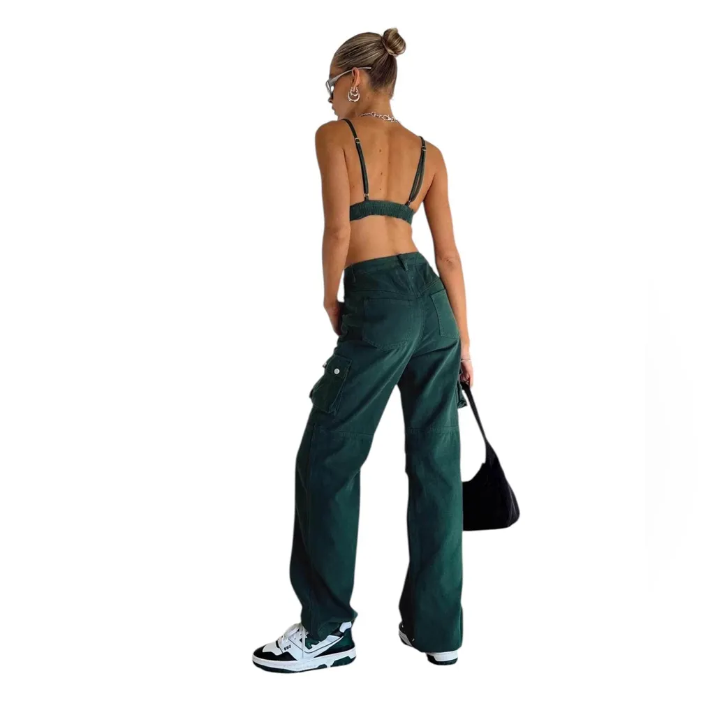 Princess Polly PAIGE Mid Rise Cargo Jeans - Denim Green (Size 0) - Image 2