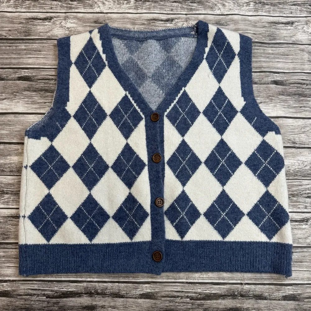 Unbranded Womens Crop Argyle Sweater Vest Blue White V Neck 4 Button L LG Large - Image 9