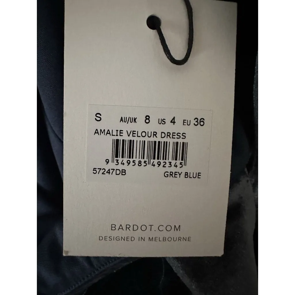 Bardot Amalie VelourVelvet Dress Size 4 NWT Grey Blue | Square Neck | High Slit - Image 9