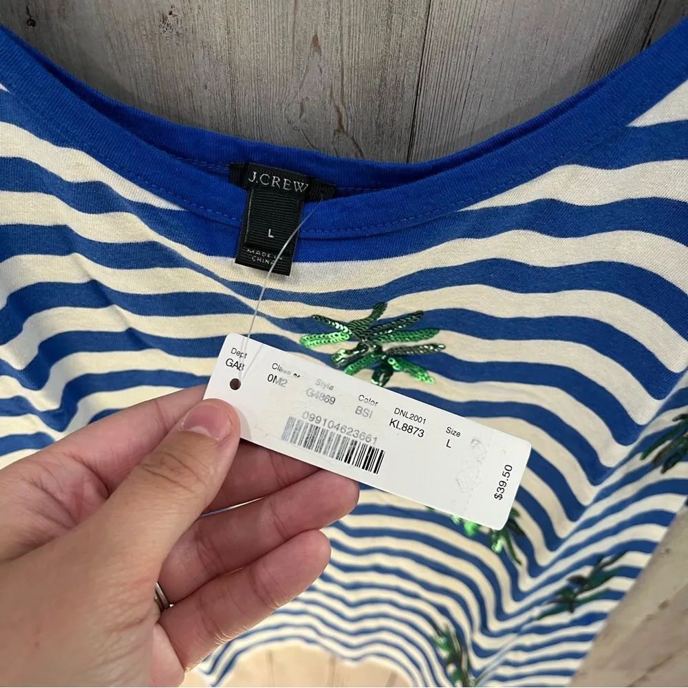 New J.Crew Striped tank top w/ sequin palm leaves BRILLIANT SAPPHIRE IVORY G4869 - Image 3