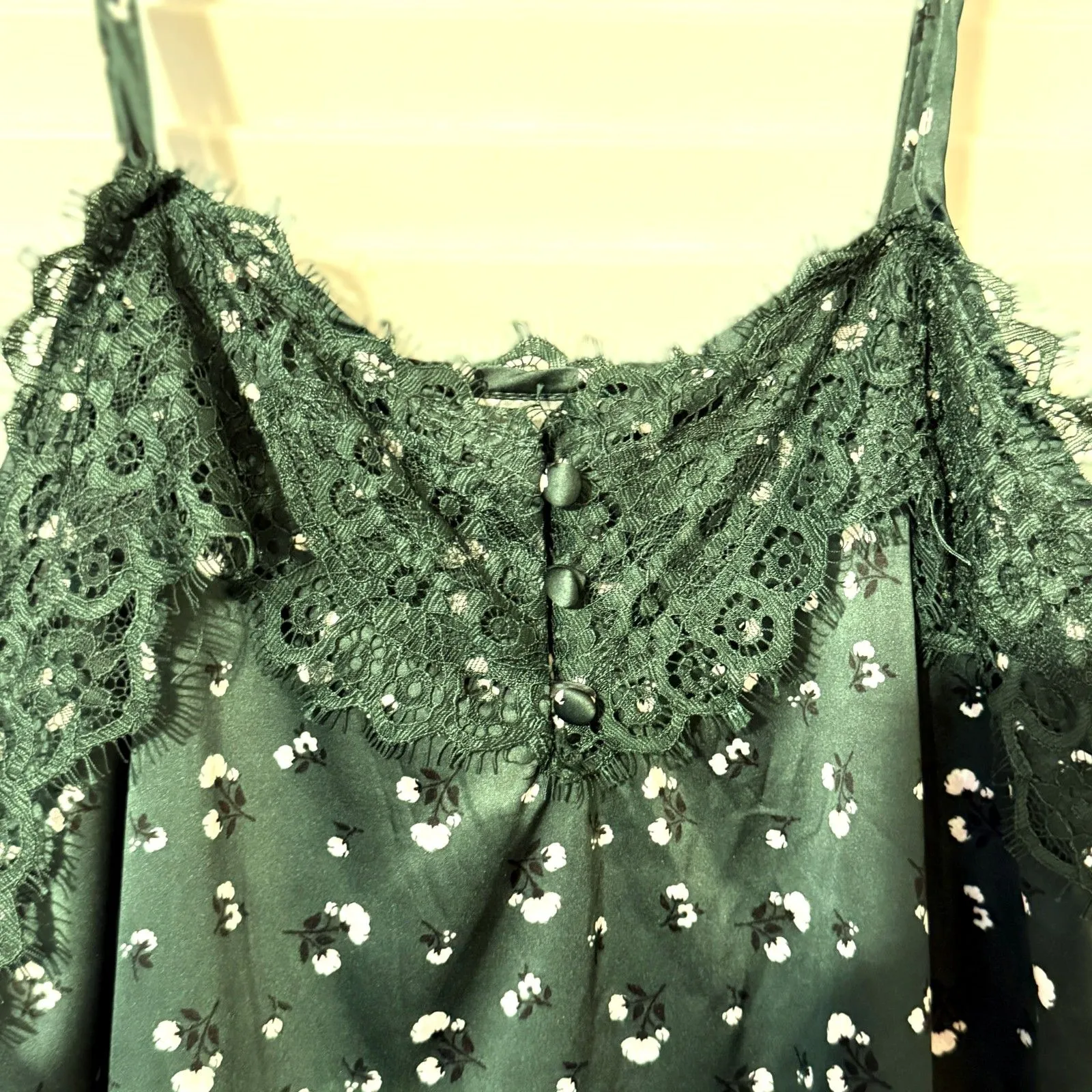 Forest Green Satin Babydoll Cami Dainty Rosette Lace Trim Y2K Whimsigoth Fairy L - Image 6