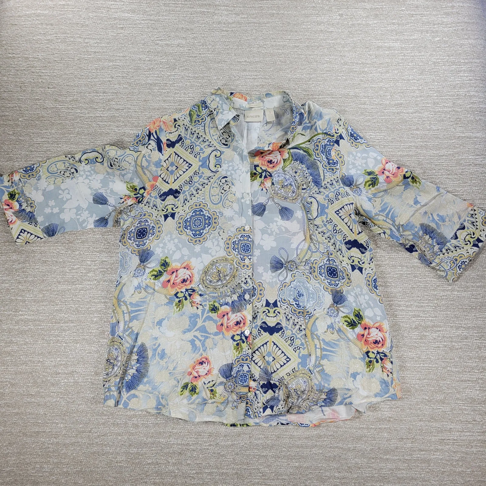 Chicos Tunic Top‎ Womens 3 No-Iron Linen Floral Paisley Loop-Back Button Down - Image 10