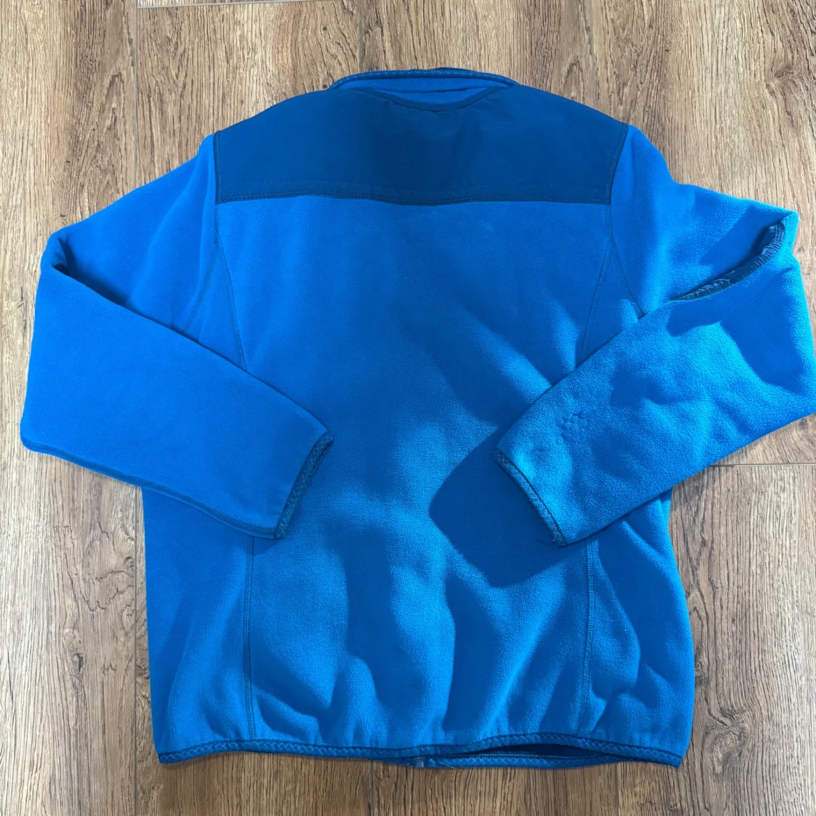 Green Tea Blue Fleece Zip Up Jacket Womens XL Zip Pockets Elbow Patches - Image 9