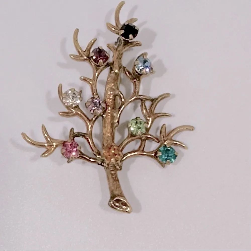 Vintage Estate Multicolor Rhinestone Tree Of Life Family Tree Brooch Pin Gold - Image 2