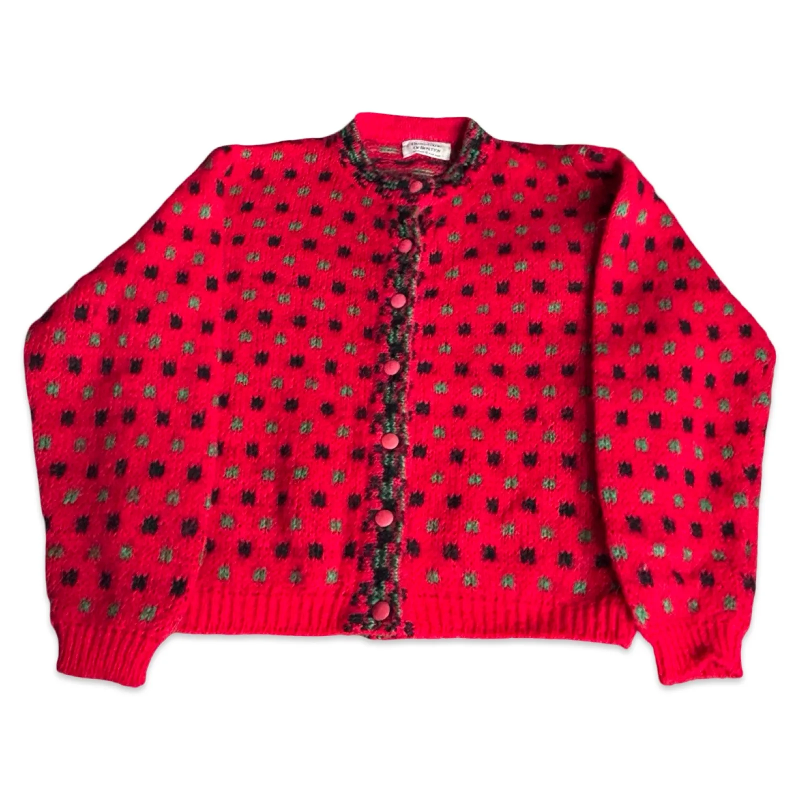 Vintage United Colors Of Benetton Red Green Abstract Polka Dot Wool Cardigan - Image 6