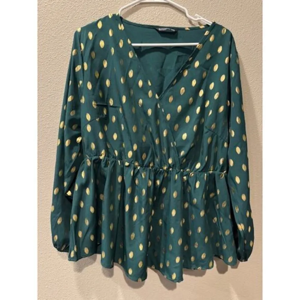 1XL Polka Dot Lantern‎ Sleeve Wrap Ruffle Blouse Green Size XL - Image 3