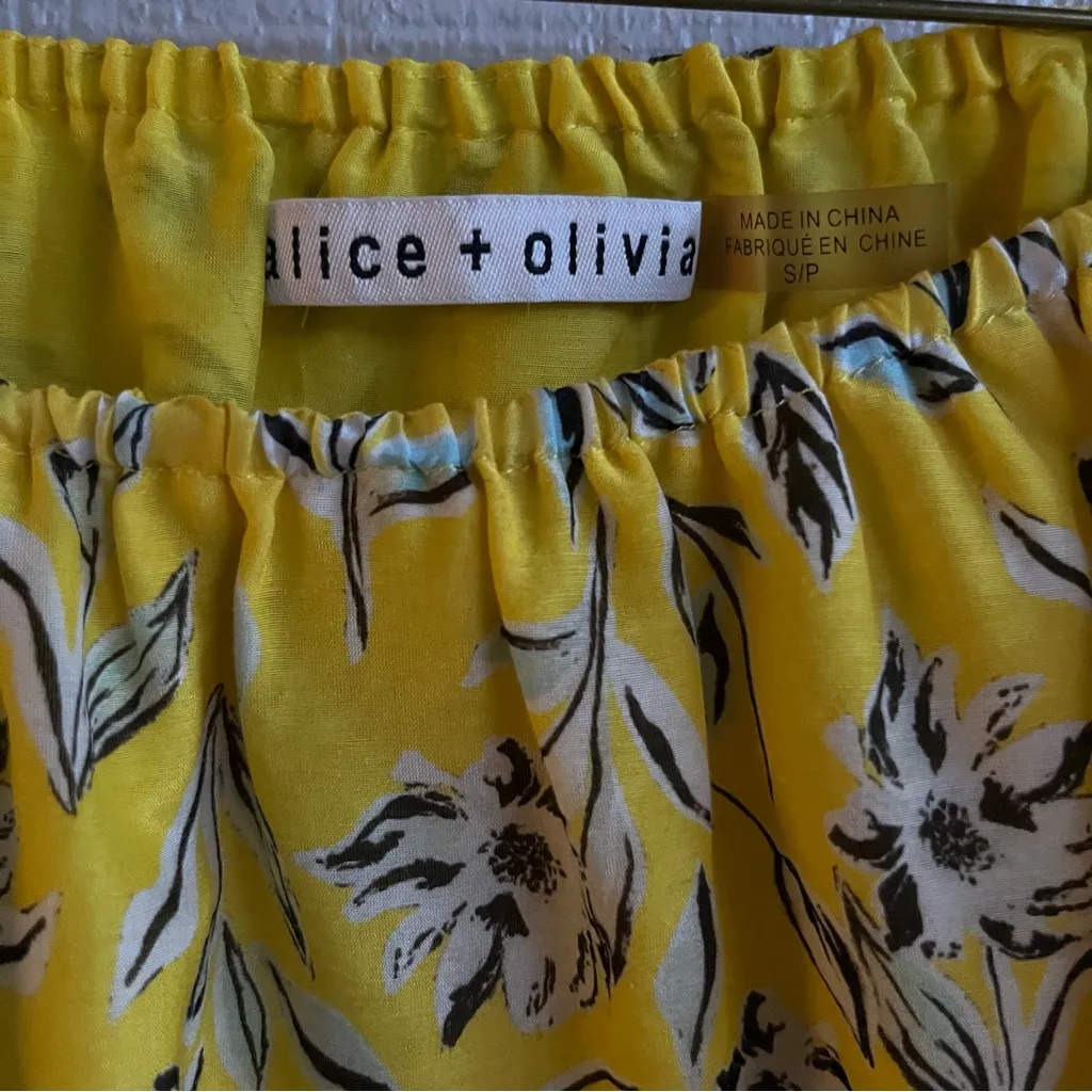 Alice + Olivia Alta Yellow Floral Print Off the Shoulder Silk Blend Top Size S - Image 4