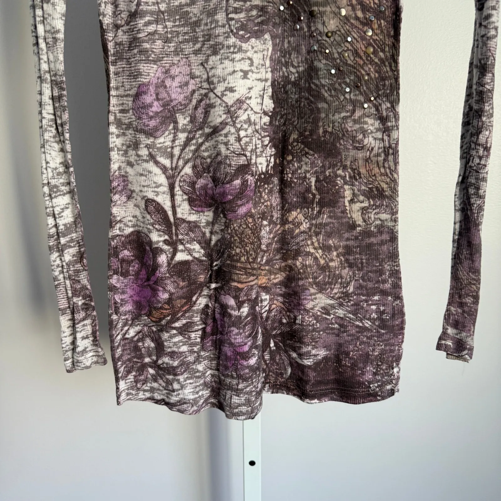 Gavriel LA VTG Y2K Bling Baby Tee‎ Floral Rhinestone Long Sleeve Top Medium Purple - Image 4