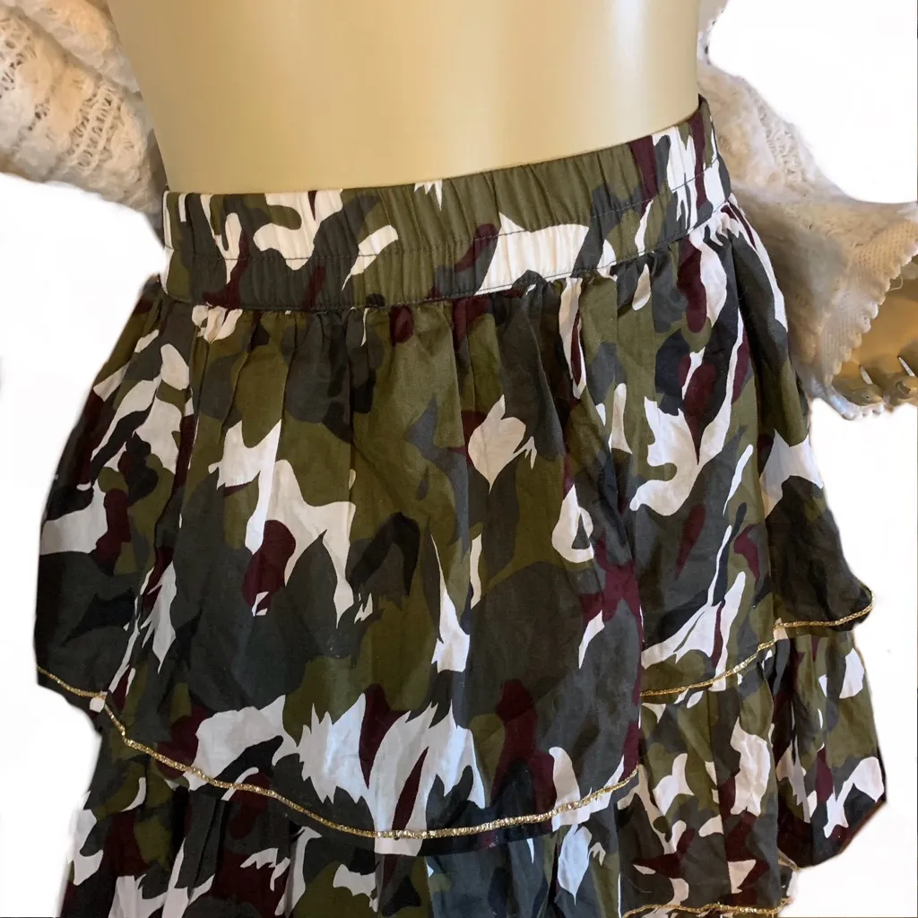 LANE BRYANT GOLD TRIM GREEN & MAROON CAMOUFLAGE RUFFLE COTTON SKIRT (22/24) - Image 7