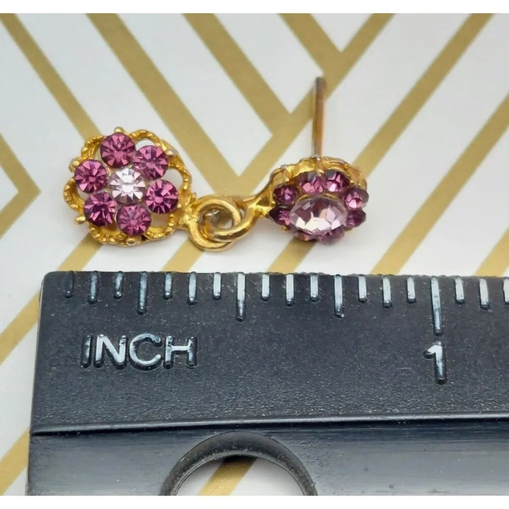 Tiny Minimalist Gold Tone & Purple Crystal Drop Dangle Floral Earrings Sparkle - Image 9