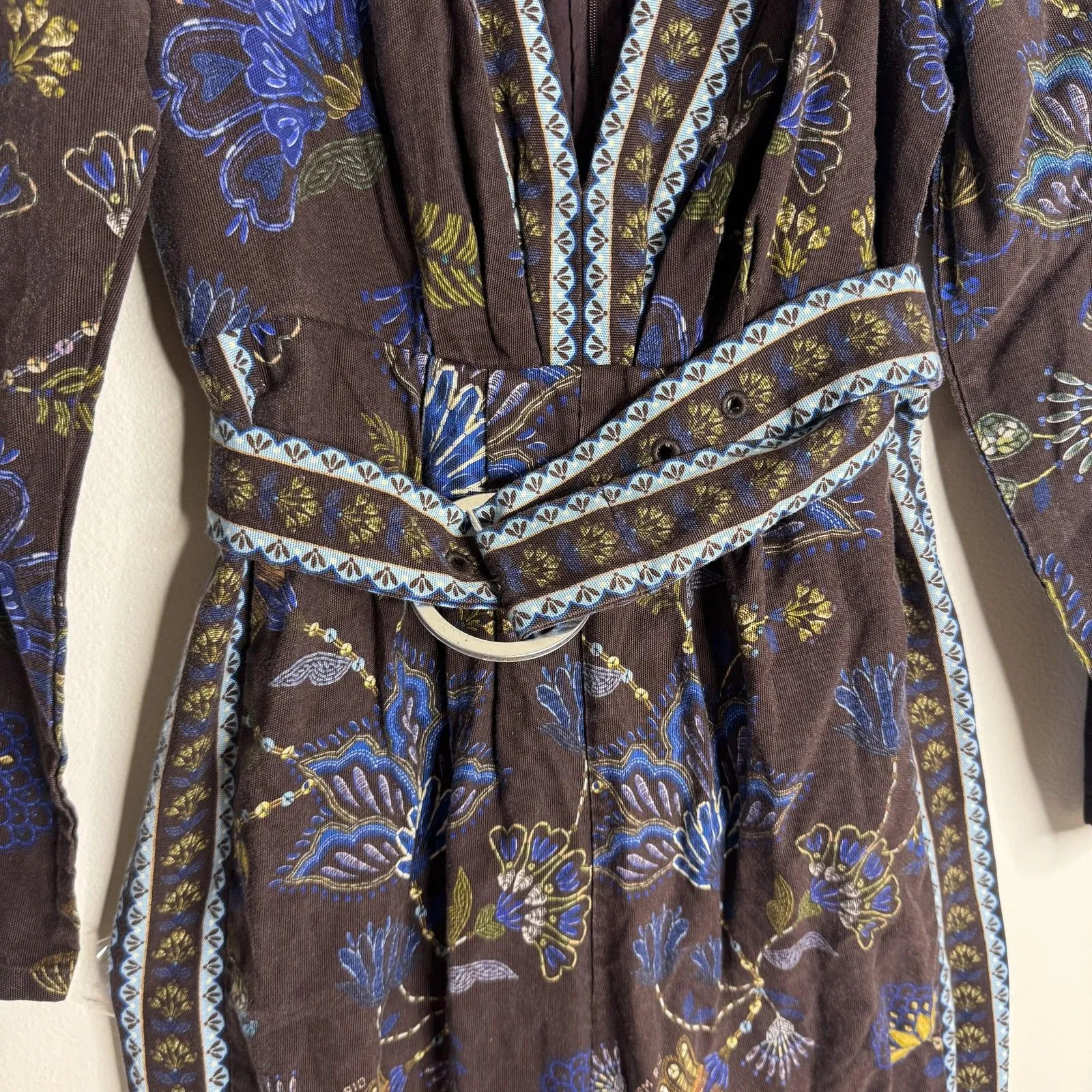 Farm Rio Jumpsuit Womens Medium Brown Blue Floral Belted Long Sleeve V Neck Boho - Image 6
