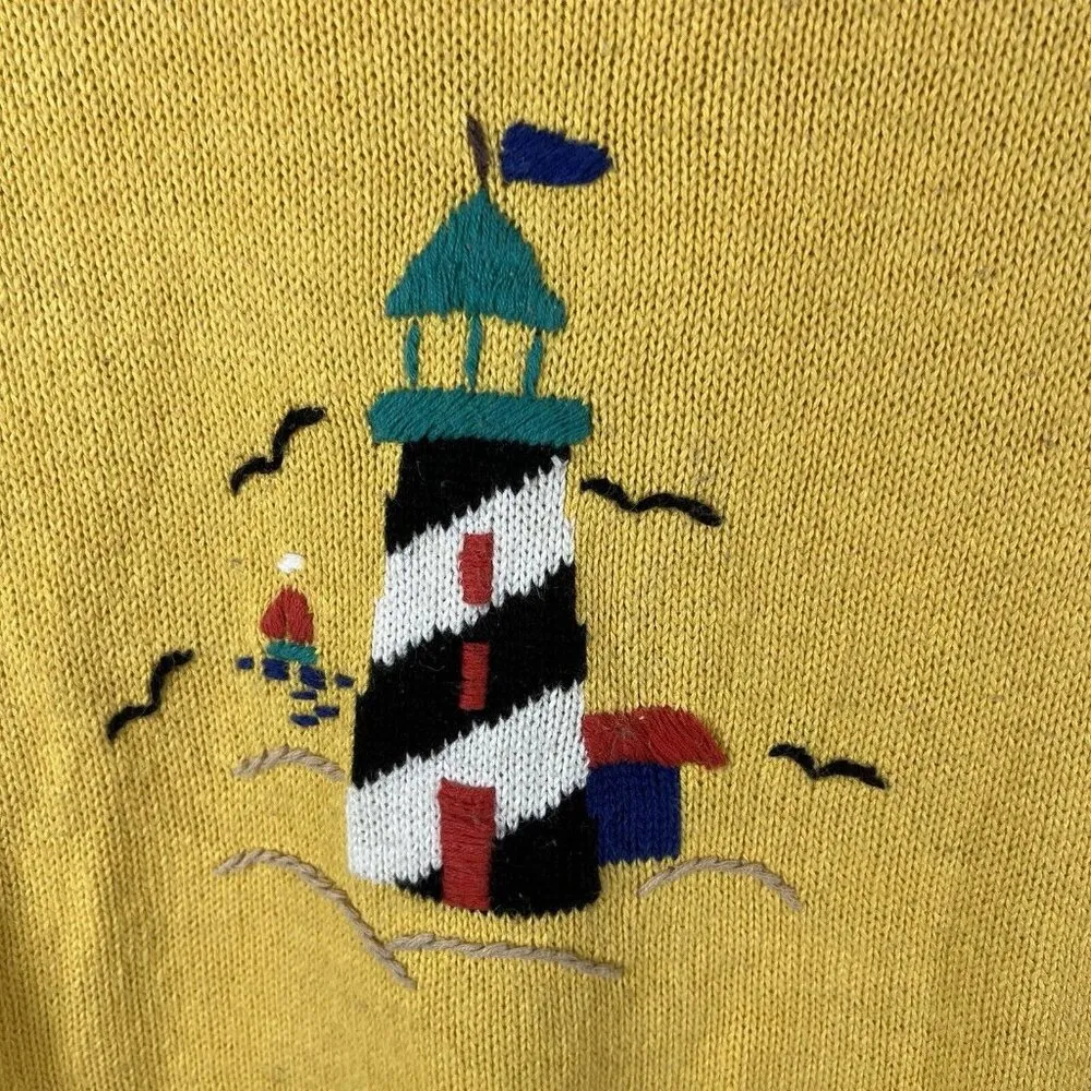 vtg SAG HARBOR Nautical Sweater Sz M Yellow Cotton Embroidered Lighthouse Beach - Image 5