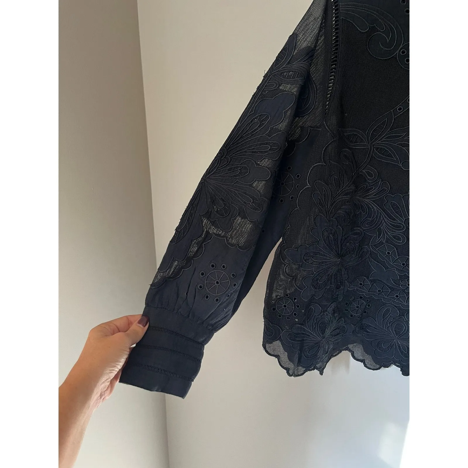 Sundance Black Semi Sheer Cotton Embroidered Lace Blouse Top Shirt Women's sz. S - Image 8