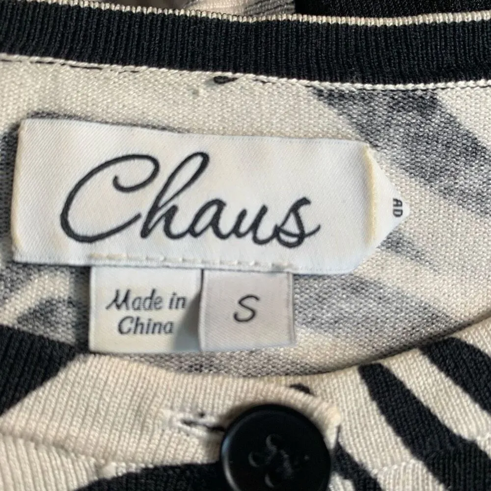 Chaus Cardigan Sweater Black White Zebra Animal Print Silk Blend Crewneck Small - Image 9