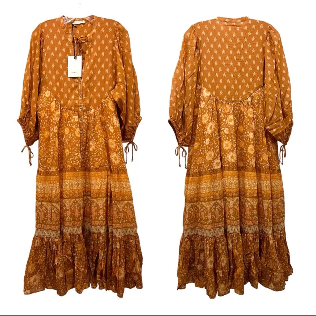 Spell & the Gypsy Utopia Short Sleeve Midi Dress, Color Cinnamon, Size M, NWT Orange Size M - Image 12