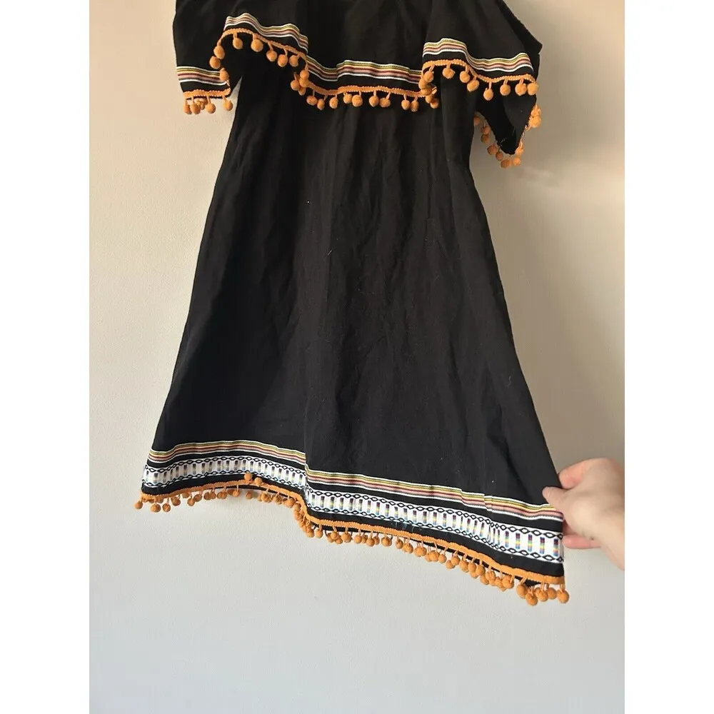 ASOS Off The Shoulder Black Cotton Sun Dress with Pom Poms Size 8 Summer - Image 3