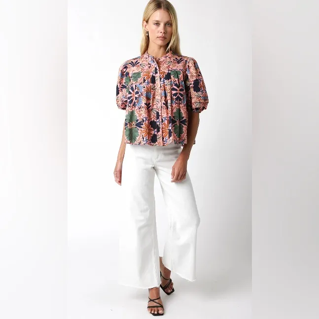 Olivaceous medium peasant blouse Agatha top pleated button front puff sleeve - Image 14