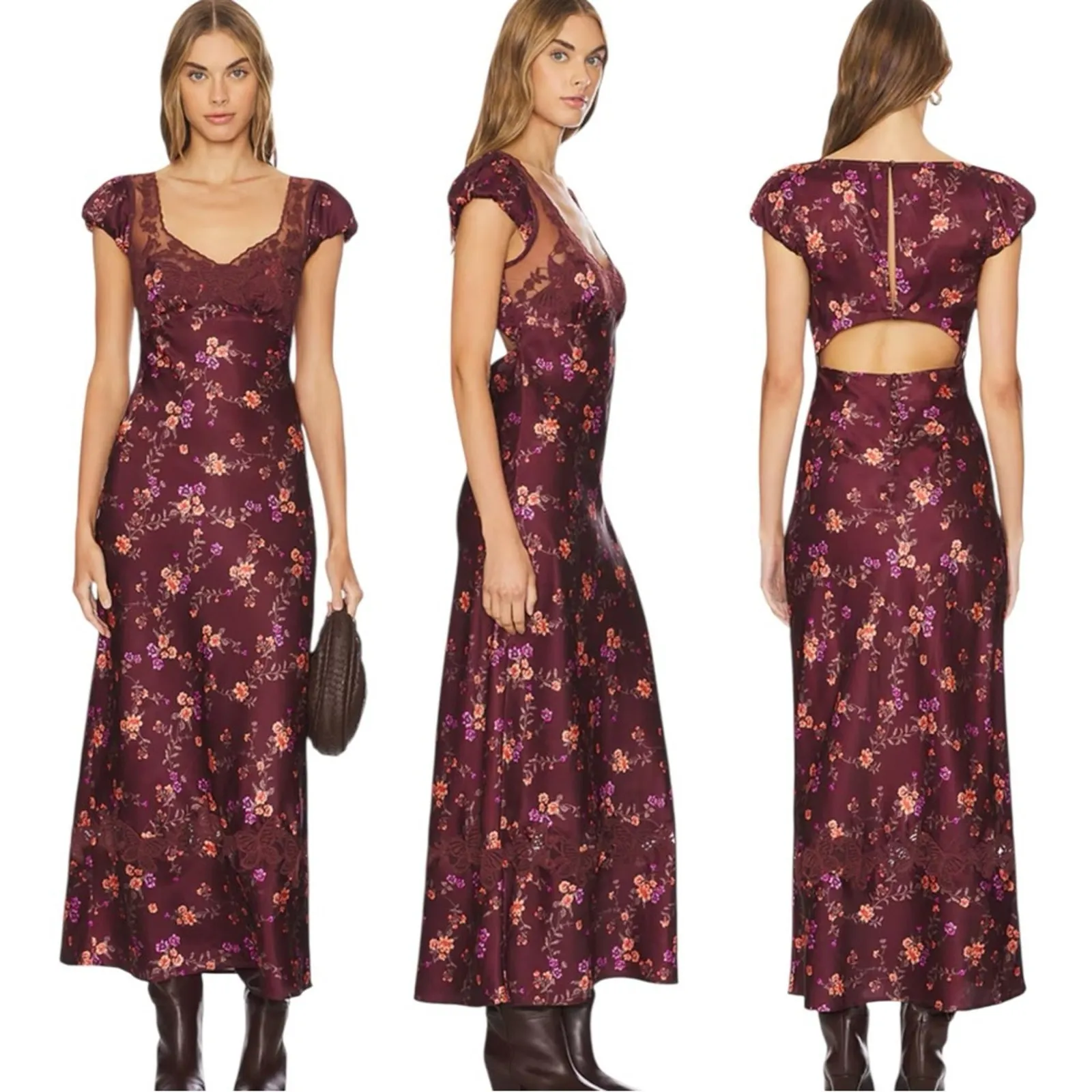 Free People Dainty Lace Retro 90s Butterfly Babe Maxi Dress Brown Combo Medium - Image 3